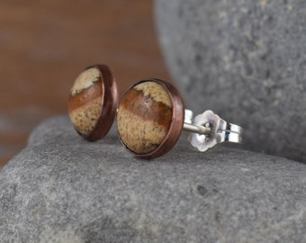 picture jasper stud earrings, 8mm natural stone studs, unisex copper bezel post earrings, gift for her him wife husband stocking stuffer