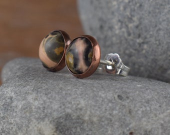 leopardskin jasper stud earrings, 8mm natural stone studs, unisex copper bezel post earrings, gift for her him wife husband stocking stuffer