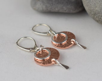 copper and sterling silver leverback earrings - hammered artisan lightweight mixed metal dangle earrings, gift for her wife mom sister girl