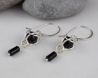 black onyx sterling silver chain maille drop earrings, black dangle earrings, 7th anniversary gift for her wife mom sister stocking stuffer
