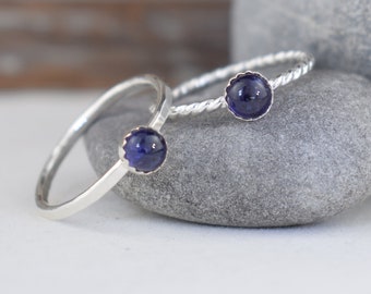 iolite sterling silver stacking ring - hammered or twist band, water sapphire 21st anniversary gift for her wife girlfriend sister mom