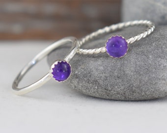 amethyst sterling silver stacking ring - hammered or twist band, February birthstone 6th anniversary 9th anniversary gift for her wife girl