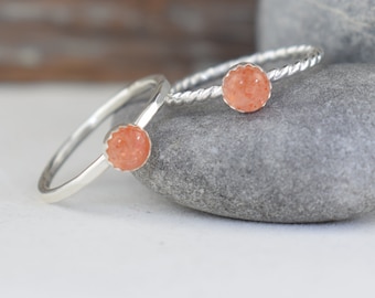 sunstone sterling silver stacking ring - hammered or twist band, cheerful 17th anniversary 23rd anniversary gift for her wife best friend