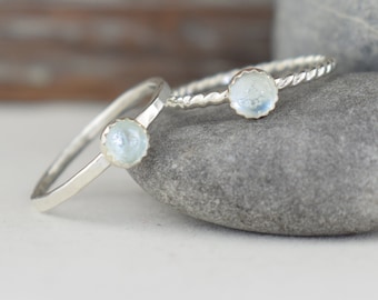 aquamarine sterling silver stacking ring - hammered or twist band, March birthstone 18th anniversary 19th anniversary gift for her wife girl