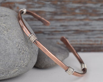 wire wrapped copper and sterling silver cuff bracelet - simple handcrafted adjustable gift for her girl wife mom sister stocking stuffer