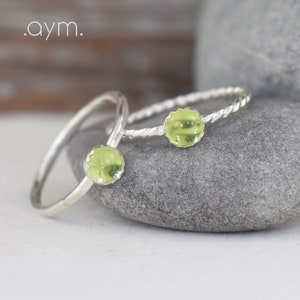 peridot sterling silver stacking ring - hammered or twist band, August birthstone 1st anniversary 16th anniversary gift for her wife girl