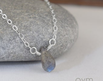 labradorite briolette necklace sterling silver - simple minimalist blue flash gemstone necklace gift for her daughter sister girl mom wife