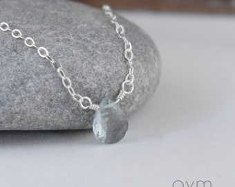 aquamarine briolette necklace sterling silver - March birthstone, simple blue minimalist gemstone necklace gift for her daughter sister girl