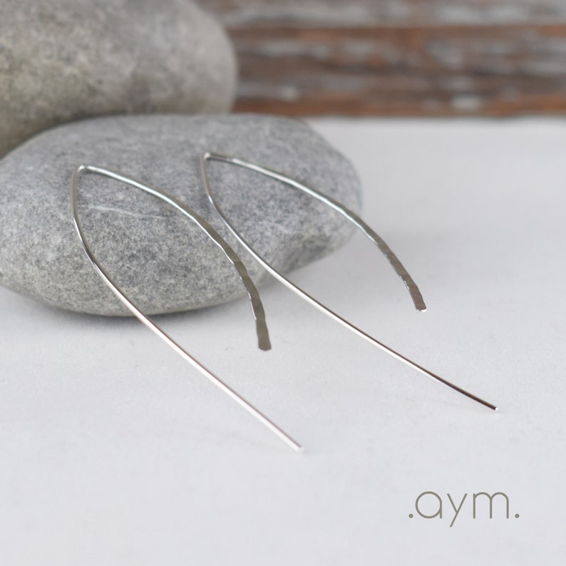 sterling silver wishbone threaders, handcrafted hammered simple lightweight minimalist everyday threader earrings, gift for her wife sister image 2