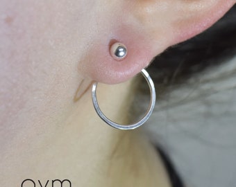 Boucles d'oreilles avant et arrière de vestes d'oreille de cercle, veste d'oreille minimaliste de cercles d'argent sterling, cadeau pour sa petite amie de bas de Noël de fille