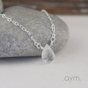 crystal quartz briolette necklace sterling silver - April birthstone, simple clear minimalist gemstone gift for her daughter sister girl