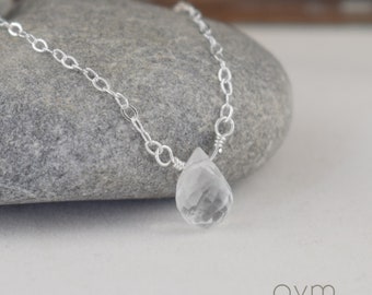 crystal quartz briolette necklace sterling silver - April birthstone, simple clear minimalist gemstone gift for her daughter sister girl