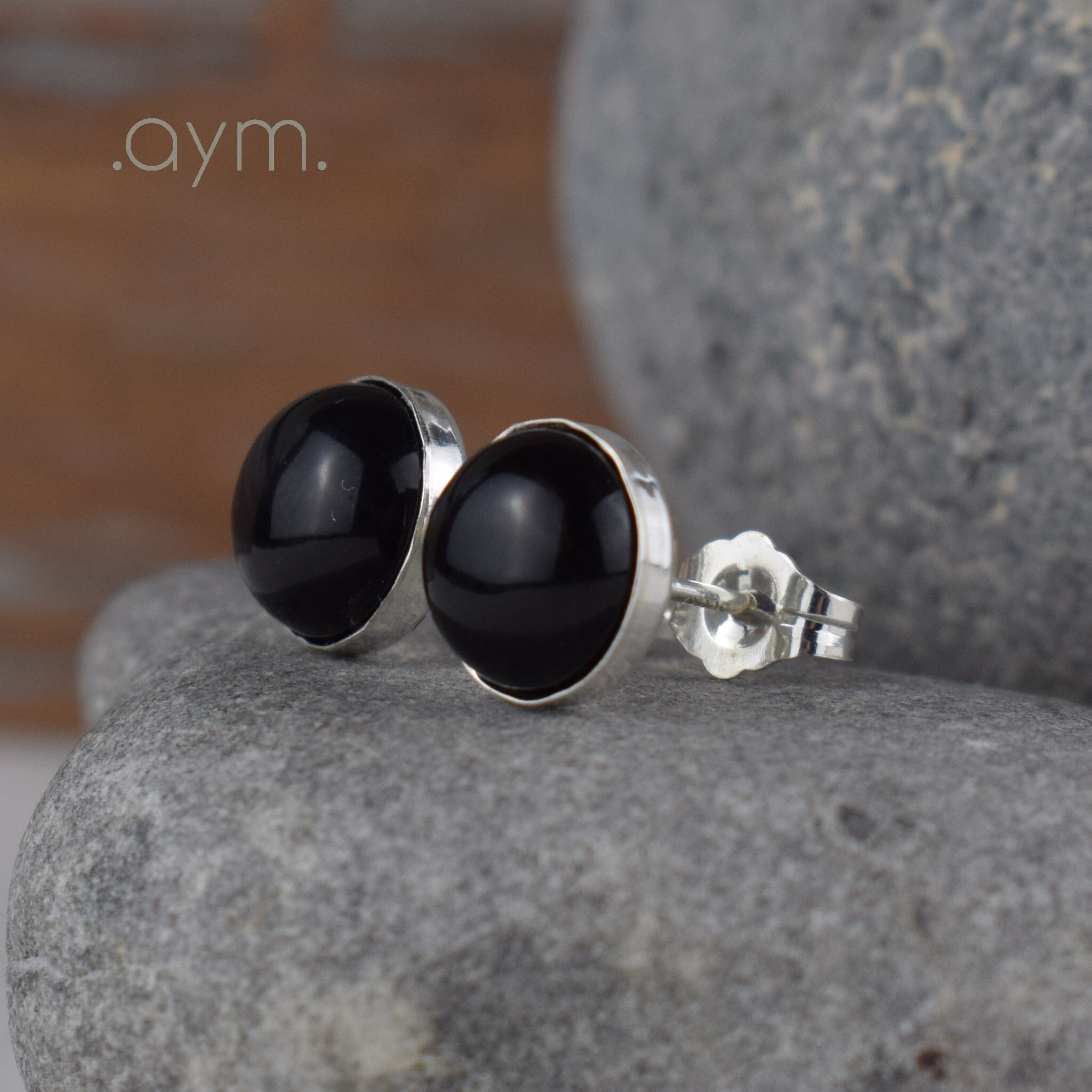 Black Onyx Sterling Silver Stud Earrings, Hypoallergenic