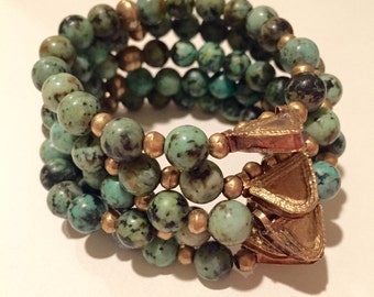 African Turquoise Bracelet/Ethiopian Brass Bead Bracelet/Stackable Bracelet