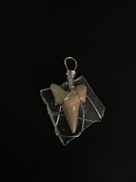 Wire wrapped white shark tooth glass pendant