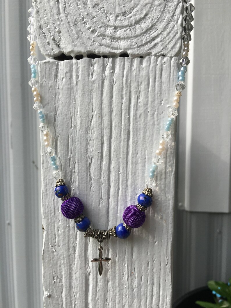 Blue & Purple Beaded Cross Necklace image 2