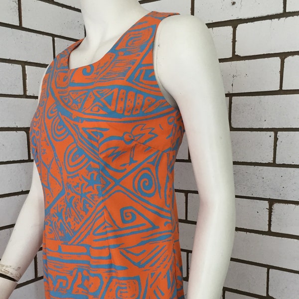 Sleeveless Orange and Blue, Bold Retro Screen Printed 80's Shift Summer Dress