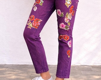 Purple Floral Patch Upcycled Denim Jeans | Handmade Women's Patchwork (AU 14)