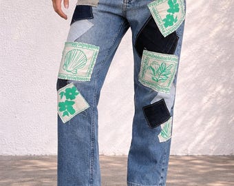 Patchwork Denim Jeans | Upcycled Women's Straight Fit Pants | Nature Print Accents