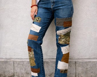 Upcycled Earth-Tone Patchwork Denim Jeans | Handmade Women's Jeans | Sustainable Fashion
