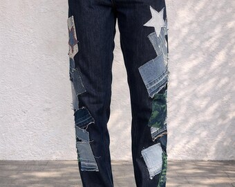 Upcycled Star Patch Denim Jeans | Sustainable Women's Relaxed Fit (Size 16 AU)