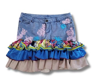 Custom Made | Boho Fiesta Ruffle Skirt | Upcycled Denim Patchwork | Festival Outfit | Handmade Layered Skirt