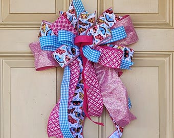 Pink Butterfly Wreath Bow Large - Spring Front Door Decor