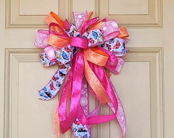 Pink and Orange Butterfly Wreath Bow Large - Spring Front Door Decor