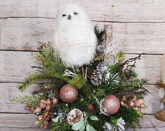 Snowy Owl Woodland Cottagecore Centerpiece ~ Winter Woodland Lodge Arrangement