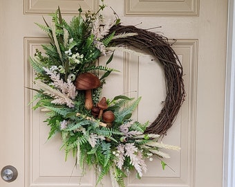 Mushroom Door Wreath: 24" Wooden Fungi, Natural Greenery