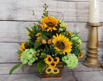 Sunflower and Mini Hydrangea Wood Box Table Arrangement~ Green Mini Hydrangea Sunflower Centerpiece