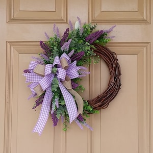 Lavender Door Wreath: Rustic Burlap & Gingham Bow, Faux Greenery
