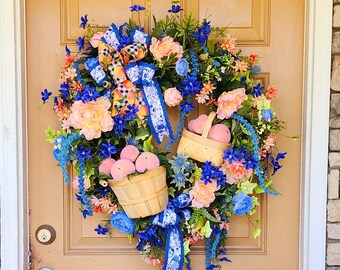 Faux Peaches and Peony Wreath - Large Blue and Peach Front Door Decor