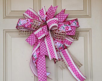 Pink Stargazer Lily Wreath Bow Large- Spring Front Door Decor