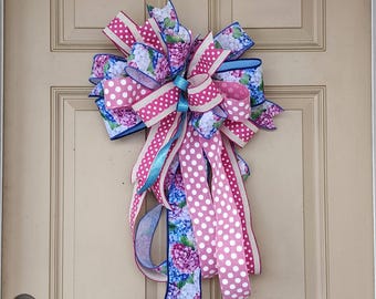 Charming Pink & Blue Hydrangea Porch Decor - Large Bow Accent