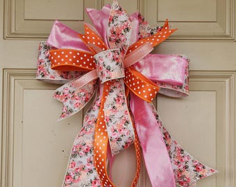 Charming Orange and Pink Floral Taspestry Porch Decor - Large Bow Accent