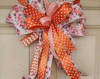 Charming Orange and Peach Floral Porch Decor - Large Bow Accent