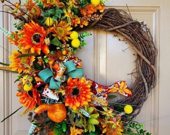Sunflower & Orchid Grapevine Fall Wreath: Wildflower Front Door Decor