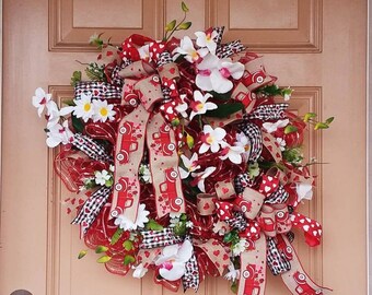 Red and White Red Truck Valentines Day Wreath Deco Mesh Door Wreath ~ Valentine Hearts Gift  ~ Valentine's Day Front Door Decor