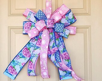 Pink and Blue Hydrangea Wreath Bow - Spring Front Door Decor