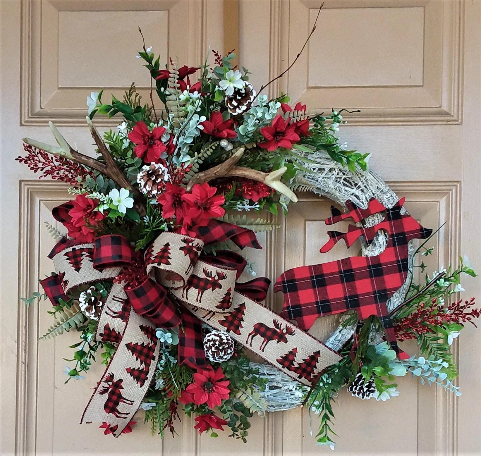 20 Christmas Wreaths for Your Front Door 10 Buffalo Check Deer Christmas Wreath: Woodland Antler Decor