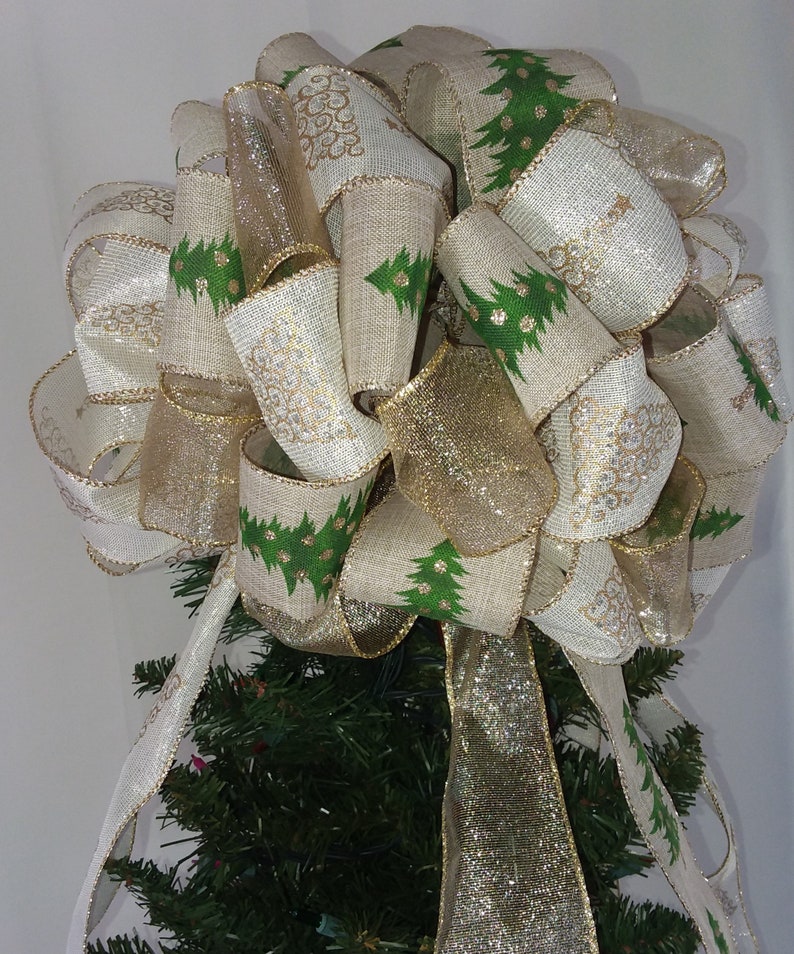 Gold Christmas Tree Topper Bow White Tree Topper Bow Tree Etsy