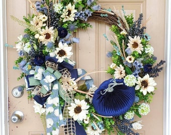 Large Ivory Sunflower and Blue Velvet Pumpkin Wreath ~ Autumn Large  Pumpkin Front Door Wreath~ Large Wreaths