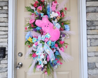 Easter Peep Large Door Wreath: Floral Spring Door Decor (40"x24")