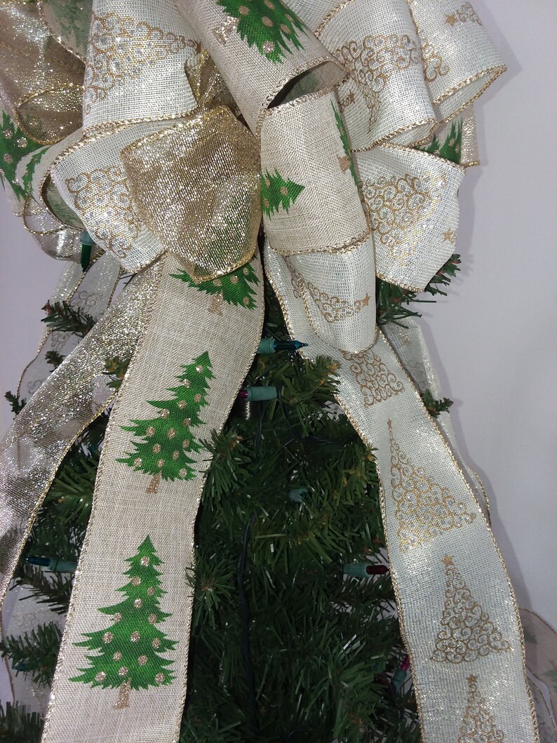 Gold Christmas Tree Topper Bow White Tree Topper Bow Tree Etsy