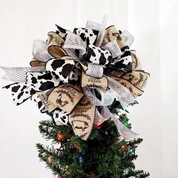 Country Cow Print Christmas Tree Topper Bow ~ Holiday Tree Topper Bow