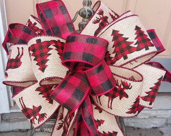 Cabin Christmas Bow ~Cottage Wreath Bow ~ Moose Decorative Bow ~ Wildlife Bow~ Moose Cottagecore Decor