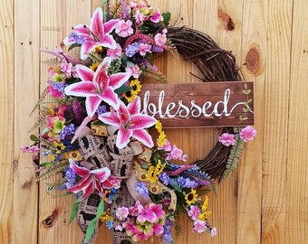 Blessed Grapevine Front Door Wreath~ Large Stargazer Wreath ~Large Summer Blessed Grapevine Wreath