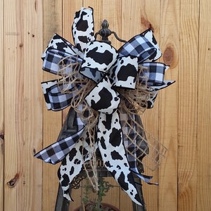 Farmhouse Bow, Cow Bow, Cow Print Bow, Cow Print Ribbon, Cow Print Wreath  Bow, Burlap Bow, Wreath Bow, Lantern Bow, Basket Bow 