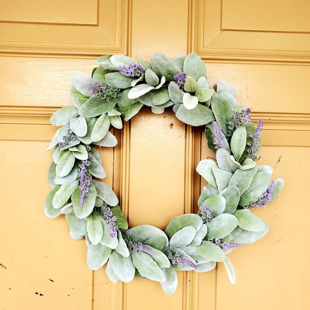 Simple Silk Lambs Ear and Lavender Wreath~ Farmhouse Front Door Wreath ...